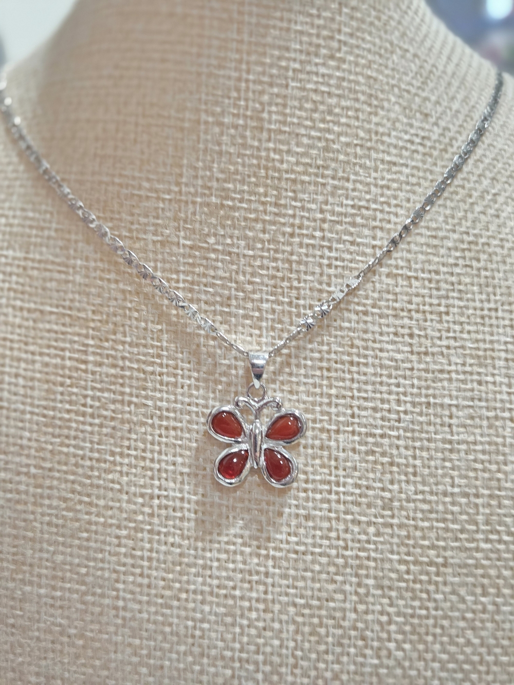 Sterling Silver Butterfly Pendant Necklace with Opaque Red Enamel Accents